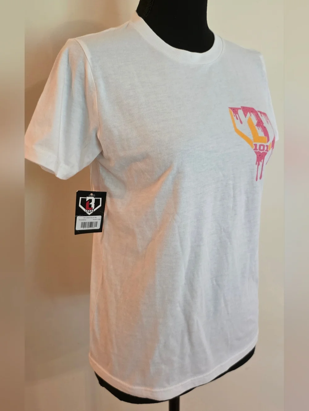 Girl's BASEBALL LIFESTYLE White Short Sleeve Tee w/ Pink & Yellow Logo (Size YL) - Picture 3 of 9